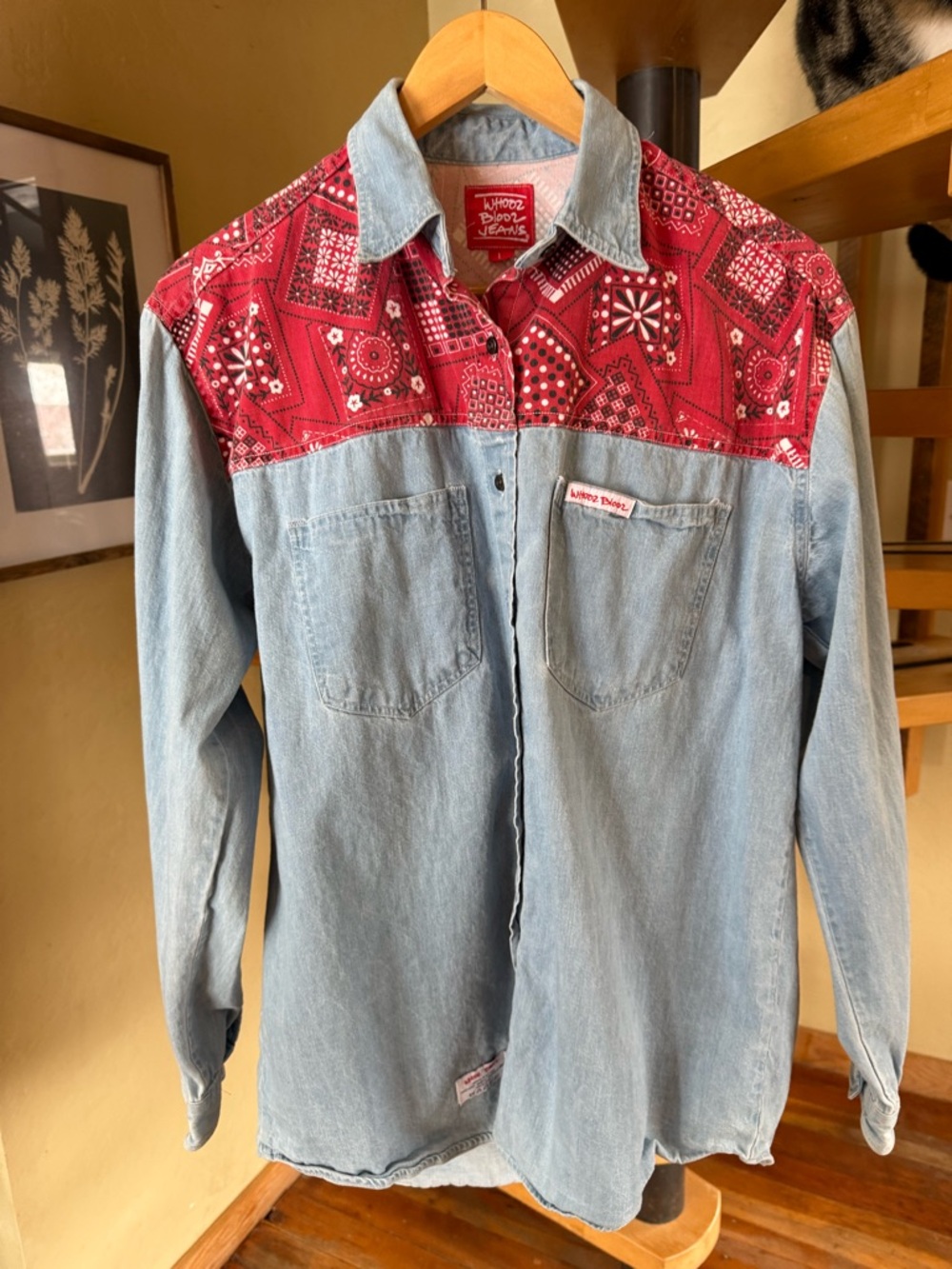 Whooz Blooz Denim Shirt with Red Bandana Yoke Size Large